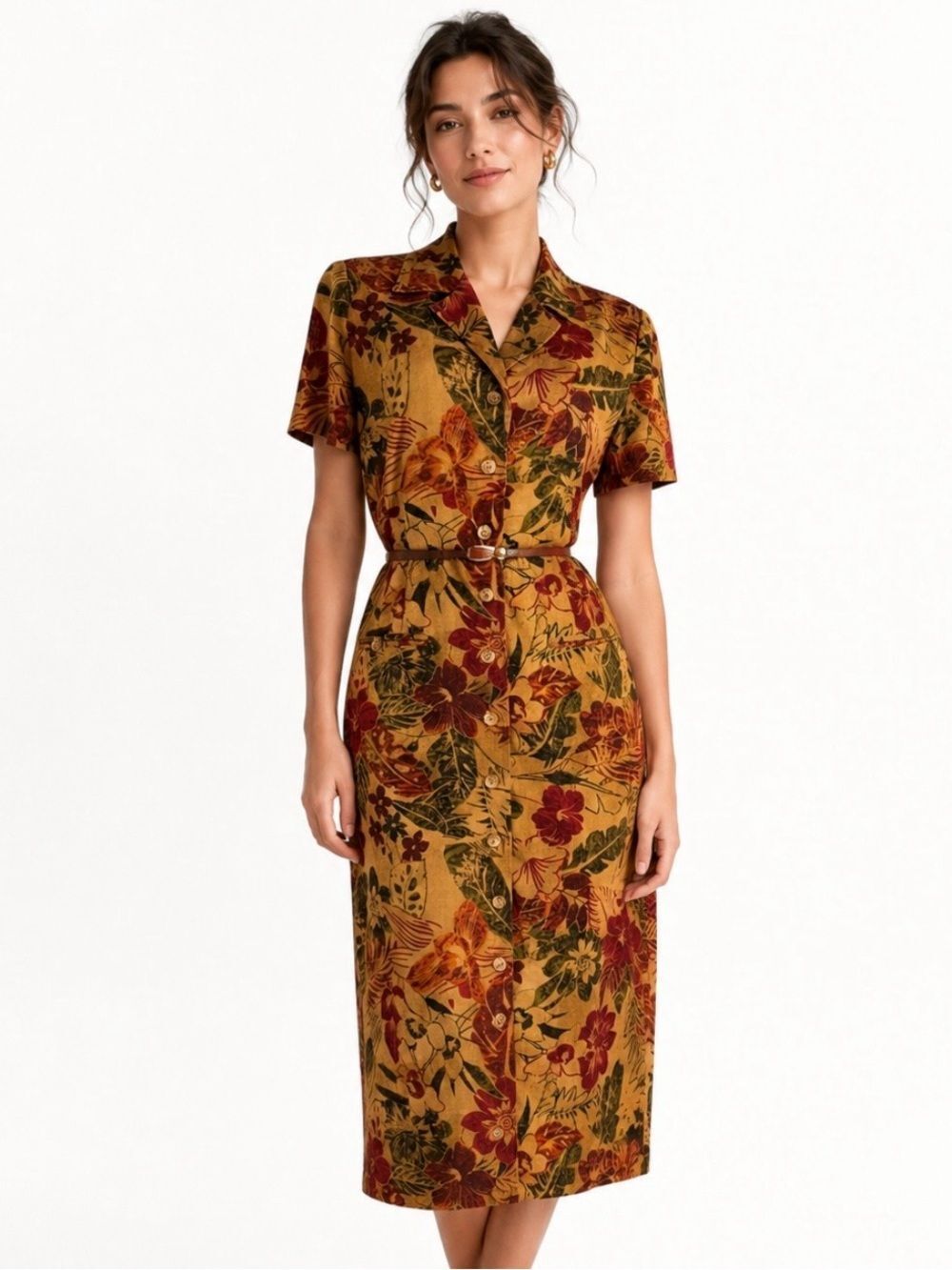 VINTAGE Y2K 90's Floral Button-Front Linen Blend Midi Dress Size 8